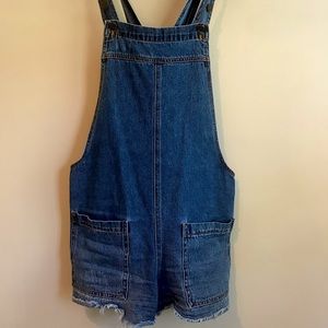 Navy Blue Frayed Denim Short Overalls